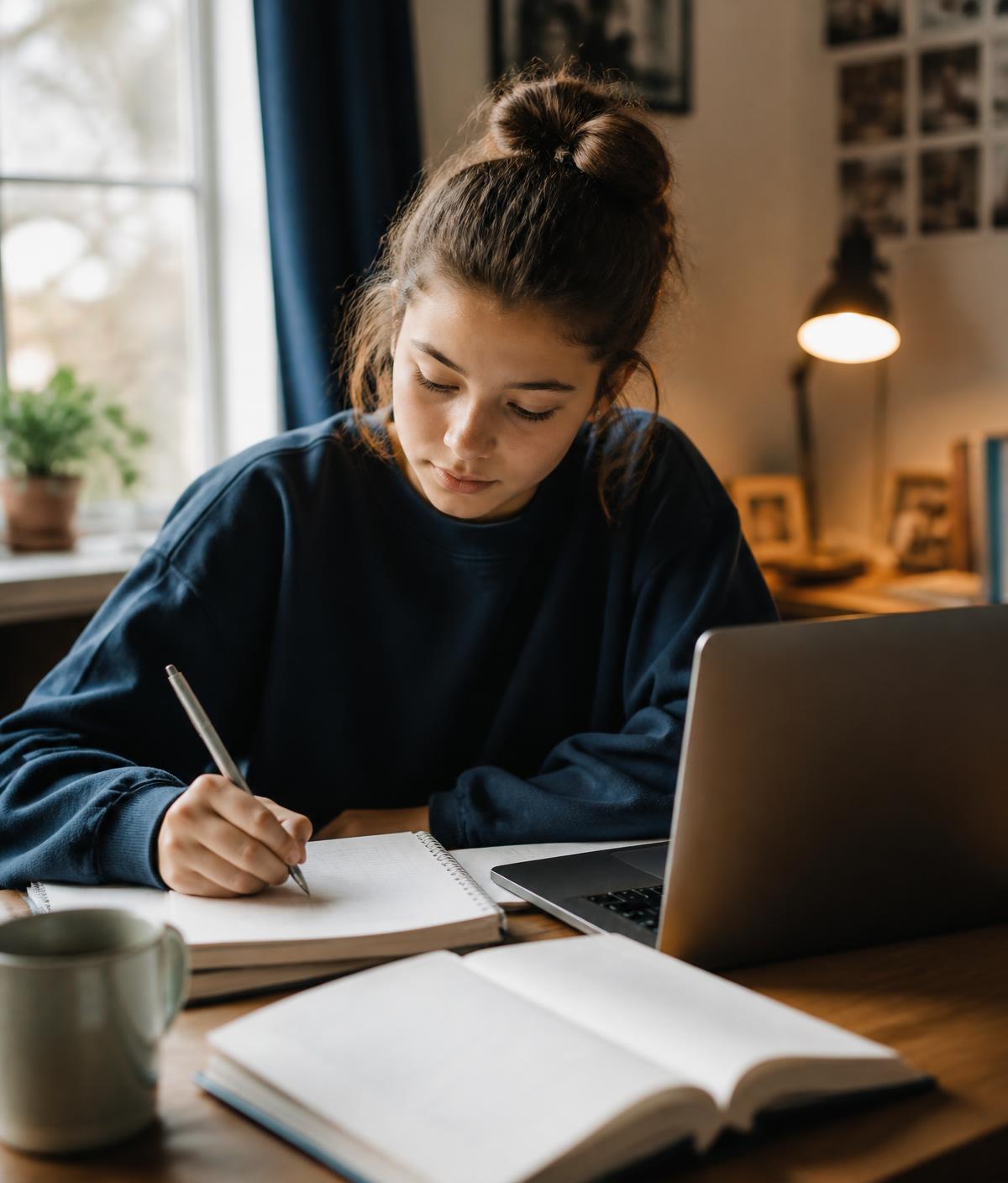 A student working through a set of Acadwell practice notes at her desk